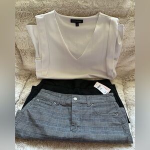 White Banana Republic  V-Neck Blouse with Plaid & Charcoal mini Skirt Set